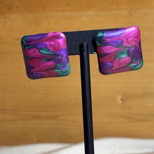 Vintage Retro Square Enamel Earrings Pink Green Purple Gold Tone Pierced B28